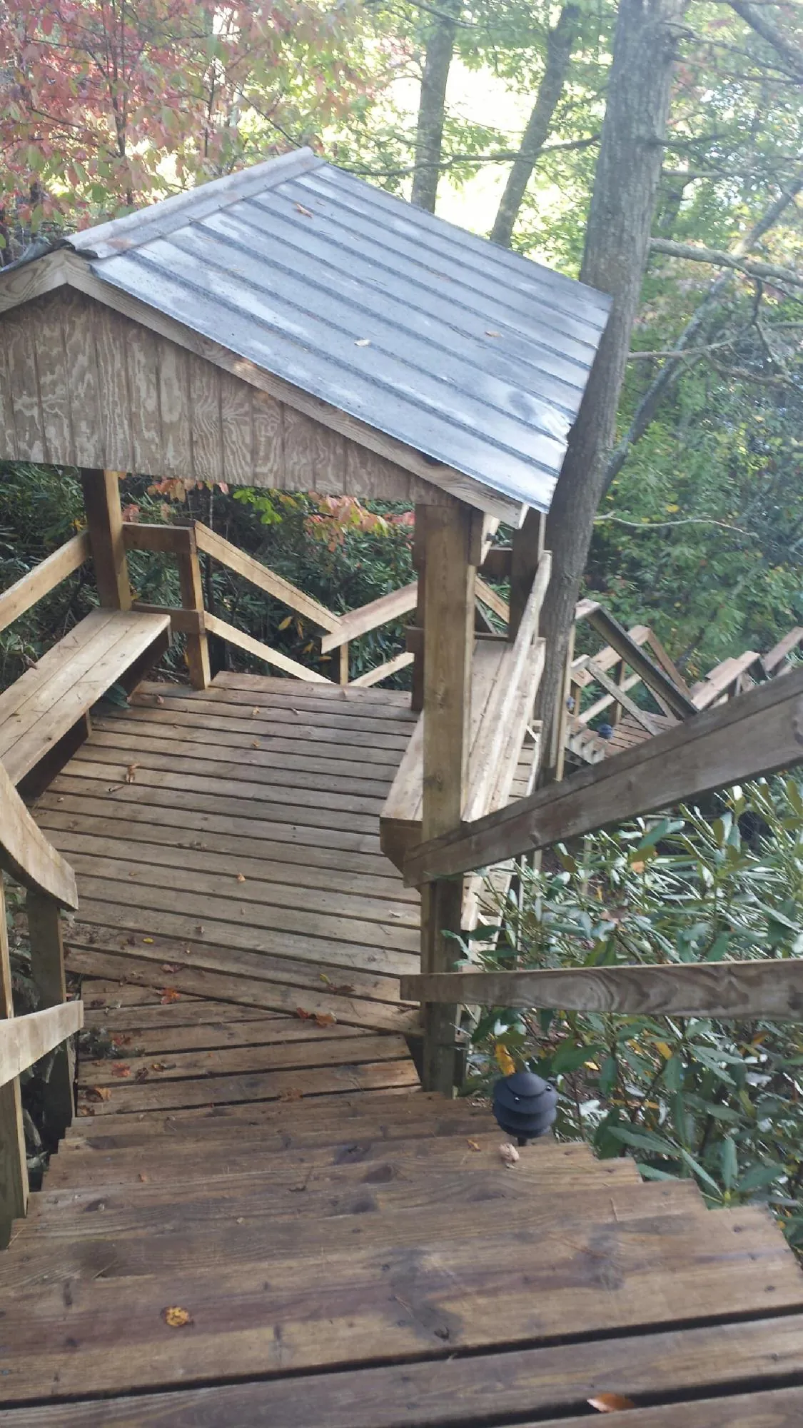 Metal roofed shelter over wooden steps on a wooded walkway — Skylight Repair & Installation work by our crew in Oakwood
